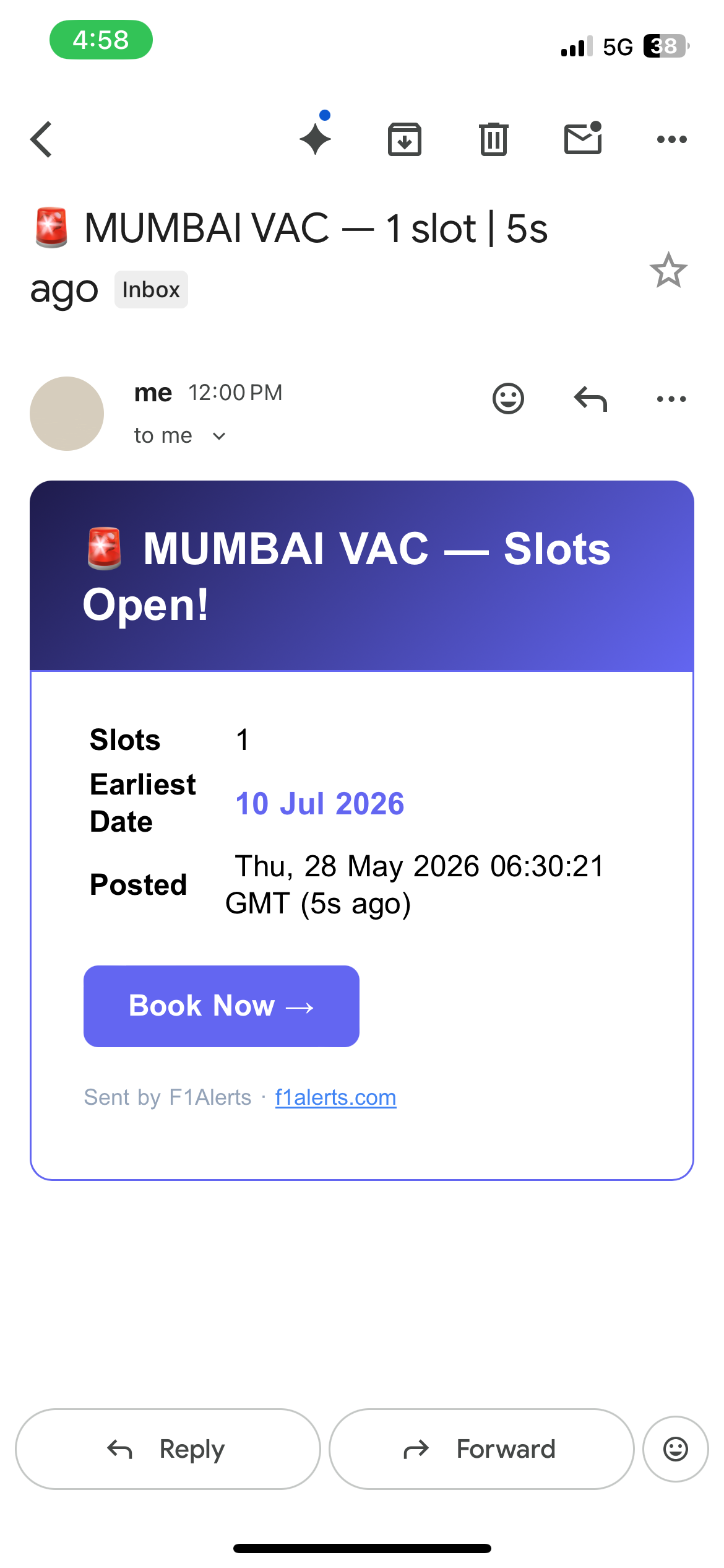 F1Alerts email — MUMBAI VAC 1 slot open